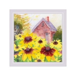 Riolis Borduurpakket Rudbeckia in de tuin. 