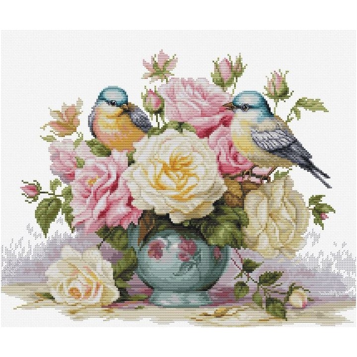 Luca-S Stickset Vase mit Rosen und Vögeln