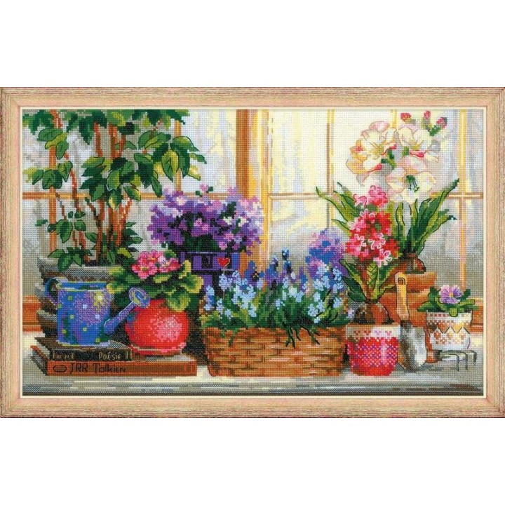 Riolis Stickset Fensterbank mit Blumen