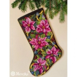 Merejka Kit de broderie « Chaussette de Noël poinsettia rose »