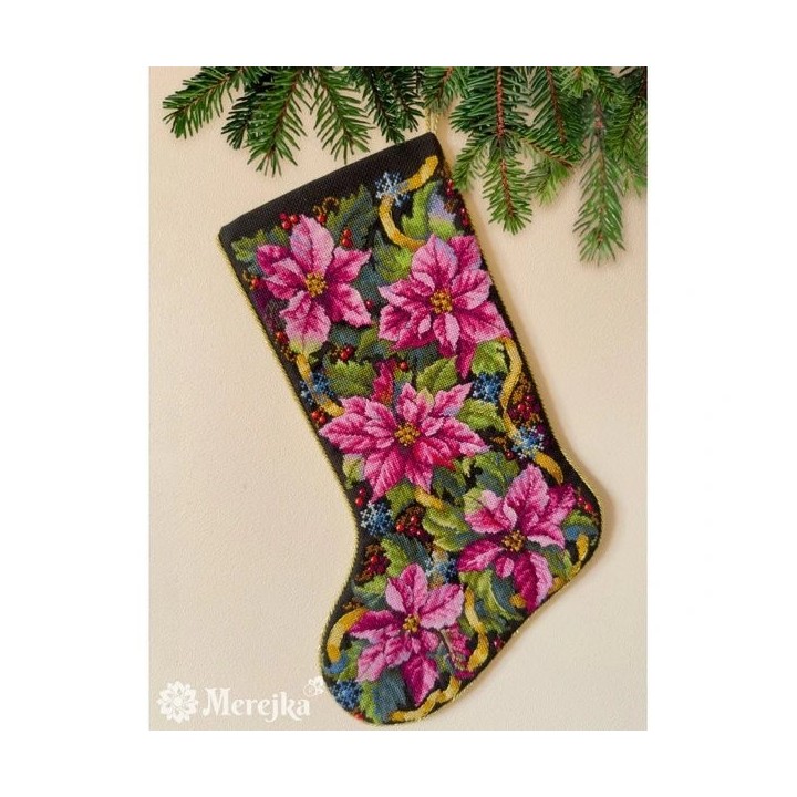 Merejka Embroidery kit "Pink Poinsettia Christmas Stocking"