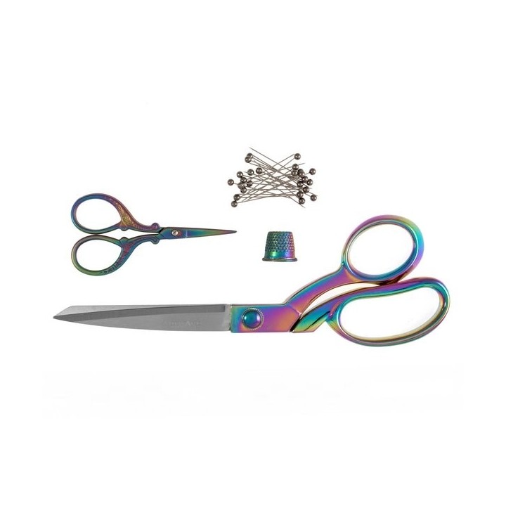 Scharenset stofschaar - borduurschaar - vingerhoed regenboog
