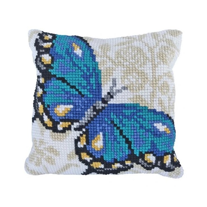 Coussin à broder Papillon bleu