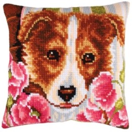 Kreuzstichkissen Hund und rosa Mohnblumen 5213