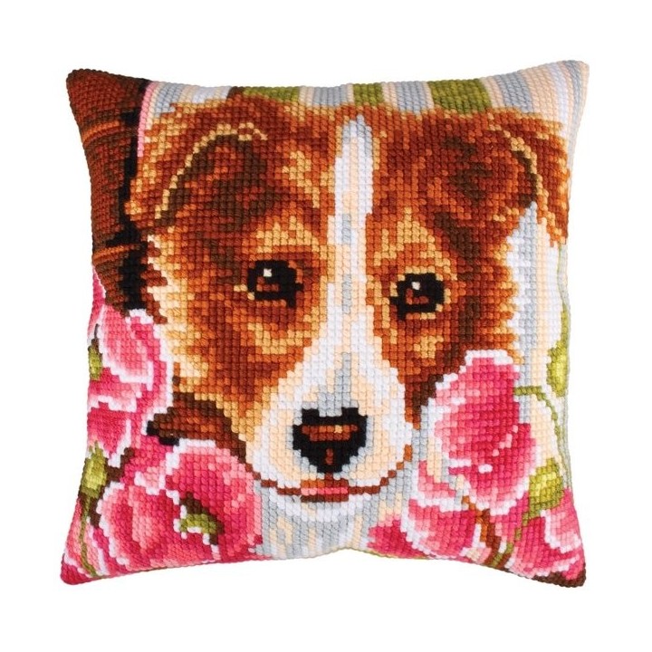 Coussin à broder Chien et coquelicots roses 5213